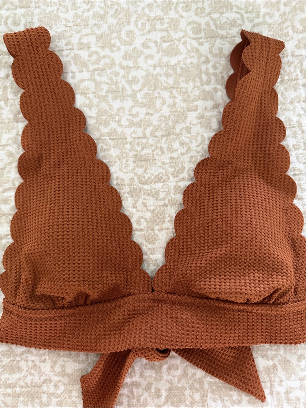 aerie Scalloped Textured Bikini Top in Rust Brown